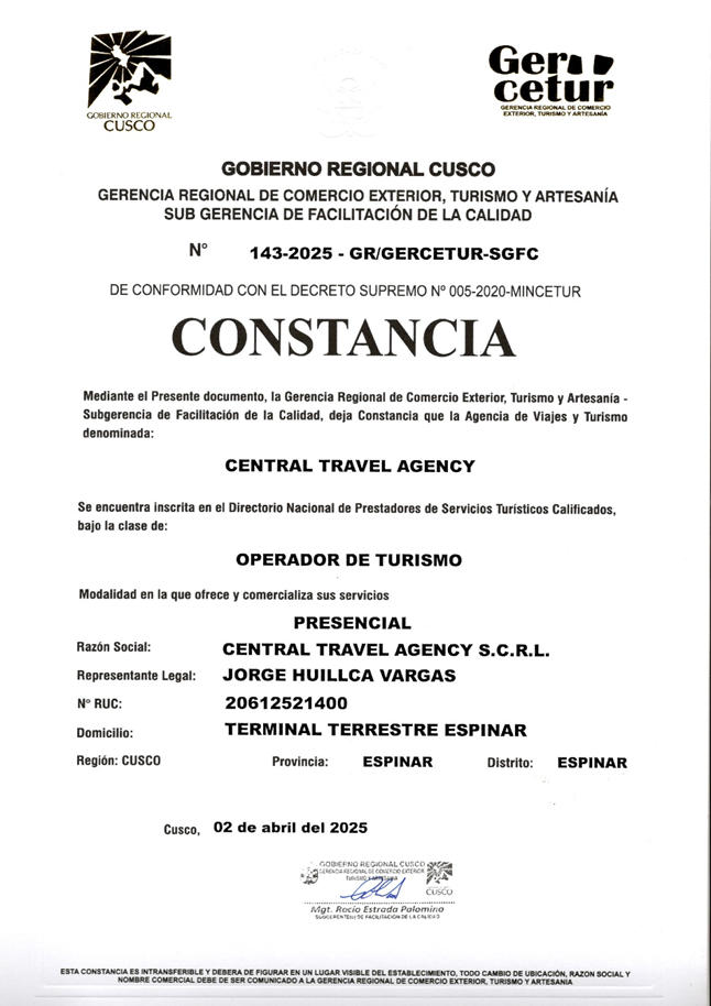 Certificado de Operación Central Travel Agency